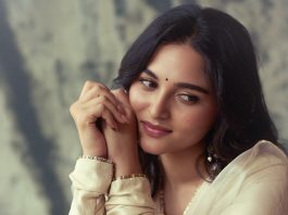 Kayadu Lohar kayadu lohar in Muted ivory off white and pale gold tones Elegant ethnic Sharara and softly defined eyes with thin black eyeliner and nude pink satin lipstick