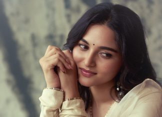 Kayadu Lohar kayadu lohar in Muted ivory off white and pale gold tones Elegant ethnic Sharara and softly defined eyes with thin black eyeliner and nude pink satin lipstick