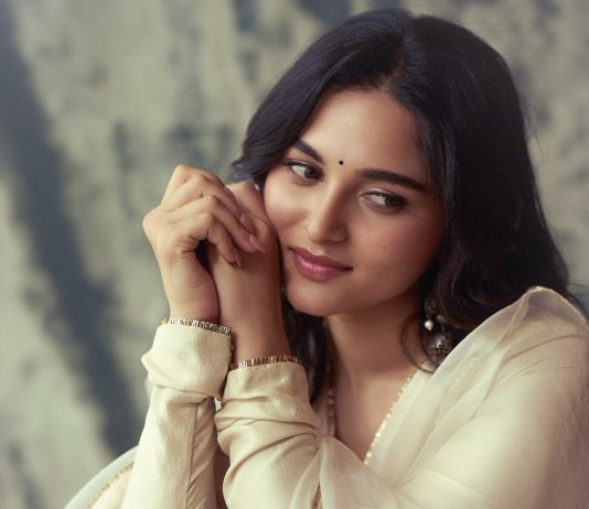 Kayadu Lohar kayadu lohar in Muted ivory off white and pale gold tones Elegant ethnic Sharara and softly defined eyes with thin black eyeliner and nude pink satin lipstick