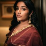 rajisha vijayan in dark maroon lehenga style for party outfit design photos