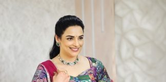 Shweta Menon shweta menon in multi colored geometric and brocade style jacket style peplum top with dual tone color flared lehenga with heavy vertical pleating