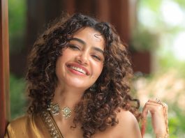 Anupama Parameshwaran anupama parameswaran in antique gold lehenga Strapless sweetheart neckline corseted choli with vertical panel structuring photos