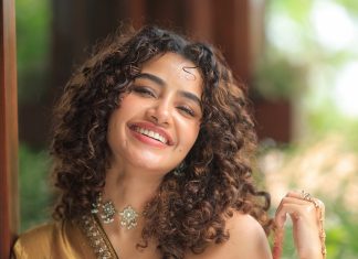 anupama parameswaran in antique gold lehenga Strapless sweetheart neckline corseted choli with vertical panel structuring photos