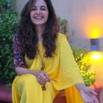 manju warrier in yellow saree with kalamkari blouse pics