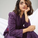 namitha pramod in modern Indo western ethnic outfit with a coordinated purple monochrome palette and matching hip length purple jacket