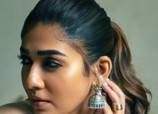 nayanthara in full white sleeveless churidar with matching jimikki styling ideas photos