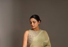 nikhila vimal in pista green party wear saree with heavy work blouse photos