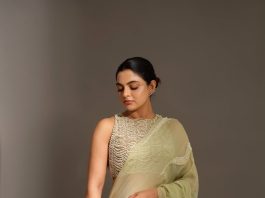 Nikhila Vimal nikhila vimal in pista green party wear saree with heavy work blouse photos