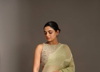 nikhila vimal in pista green party wear saree with heavy work blouse photos