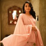 rajisha vijayan in Pastel Pink straight cut churidar Hand Painted botanical design and Straight cut pink matching pants pics