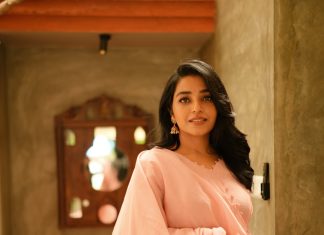 rajisha vijayan in Pastel Pink straight cut churidar Hand Painted botanical design and Straight cut pink matching pants pics