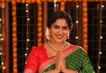 swasika vijay in green saree with contrast red blouse style design photos