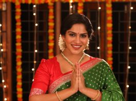 swasika vijay in green saree with contrast red blouse style design photos