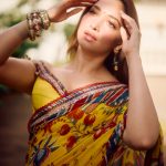tamanna in yellow saree with red border vvaan launch look photo