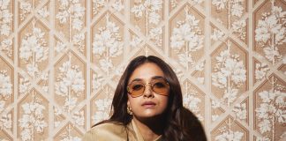 keerthy suresh in Vintage style tint sunglasses with gold wire frames photos