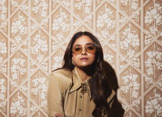 keerthy suresh in Vintage style tint sunglasses with gold wire frames photos