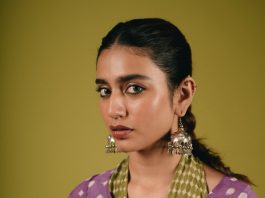 Priya Warrier priya varrier in violet long length top with palazzo pants outfit photos