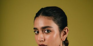 Priya Warrier priya varrier in violet long length top with palazzo pants outfit photos