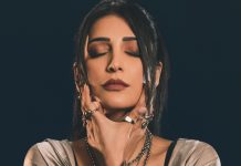 shruti haasan in Metallic Draped Maxi Dress Layered Innerwear Gothic glam edgy fusion formal wear photos