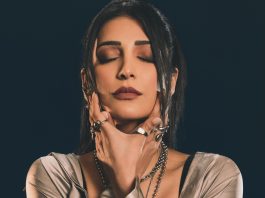 shruti haasan in Metallic Draped Maxi Dress Layered Innerwear Gothic glam edgy fusion formal wear photos