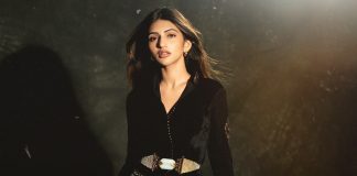Sreeleela sreeleela in luxurious black velvet jacket featuring a sharp V neckline Cinctured at the waist with a statement geometric belt photos