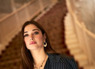 tamanna bhatia in contemporary three piece pinstripe power suit featuring a classic menswear inspired design photos