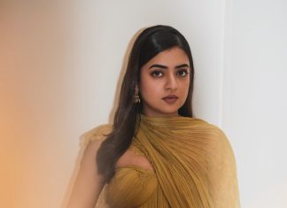 nazriya fahad in scene movie launch event viral chartreuse ruched outfit images